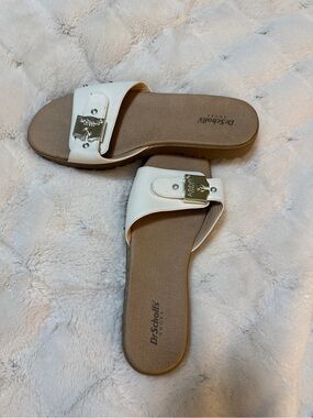 Dr. Scholl's White Slide Sandals with Gold Buckle